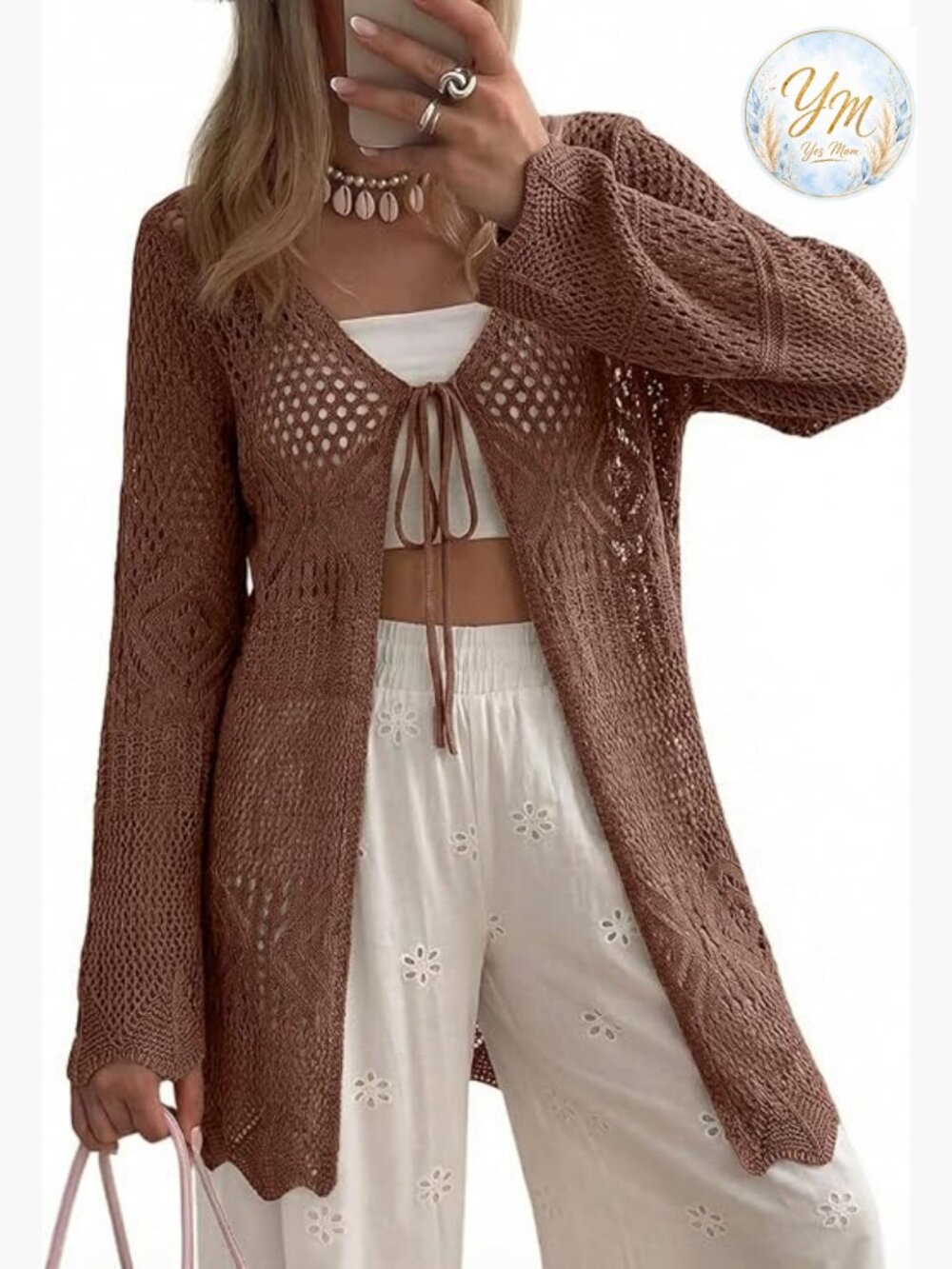 Crochet Cardigan Women Long Sleeve Tie Front Hollow Out Knit Summer Beach